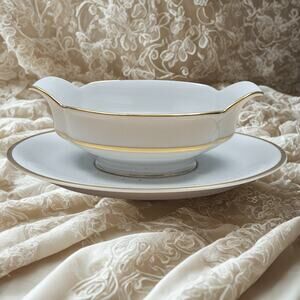 VTG Haviland Schleiger 20 Gravy Boat attached underplate Derby 4 Ivory Gold Band